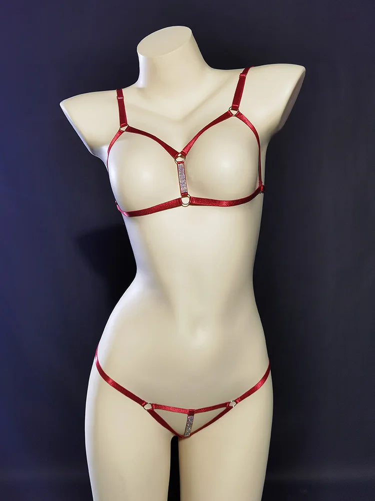 Dark red baddie DDLG strap harness set sexy thin top and thong bottom minimalistic luxe style