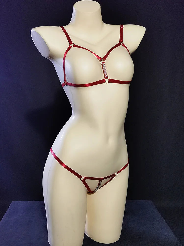 Dark red baddie DDLG harness two-piece with rhinestones sexy thin top and thong bottom