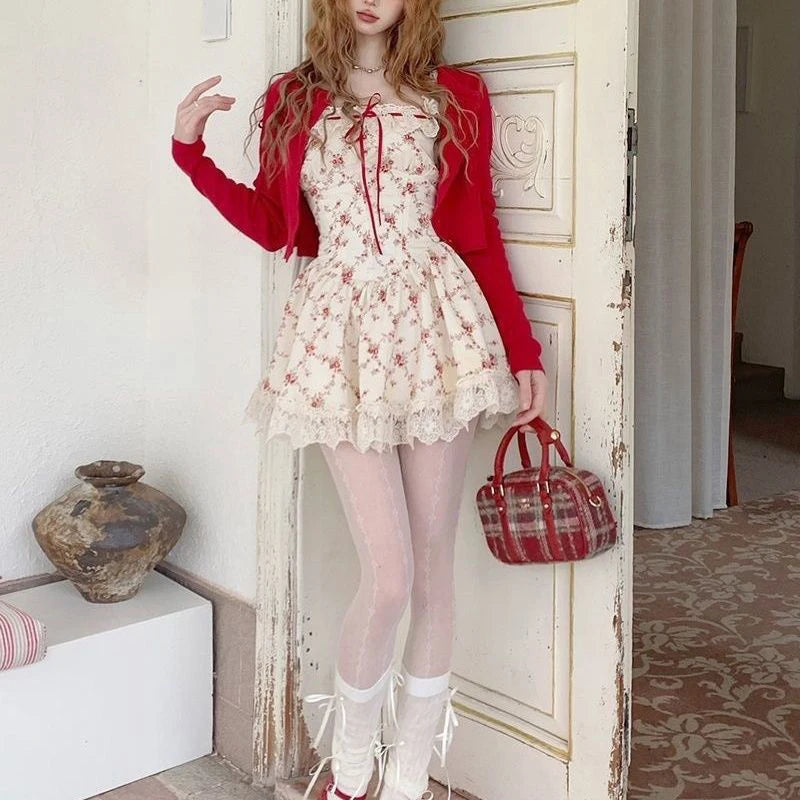 Red Blossom Date Dress with floral pattern and cozy mini cardigan, versatile layering for date nights and picnics