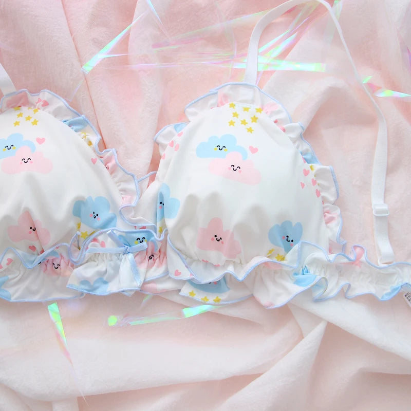 Lavender bra and panty duo with smiling cloud embroidery and soft fit for kawaii DDLG ABDL fashion