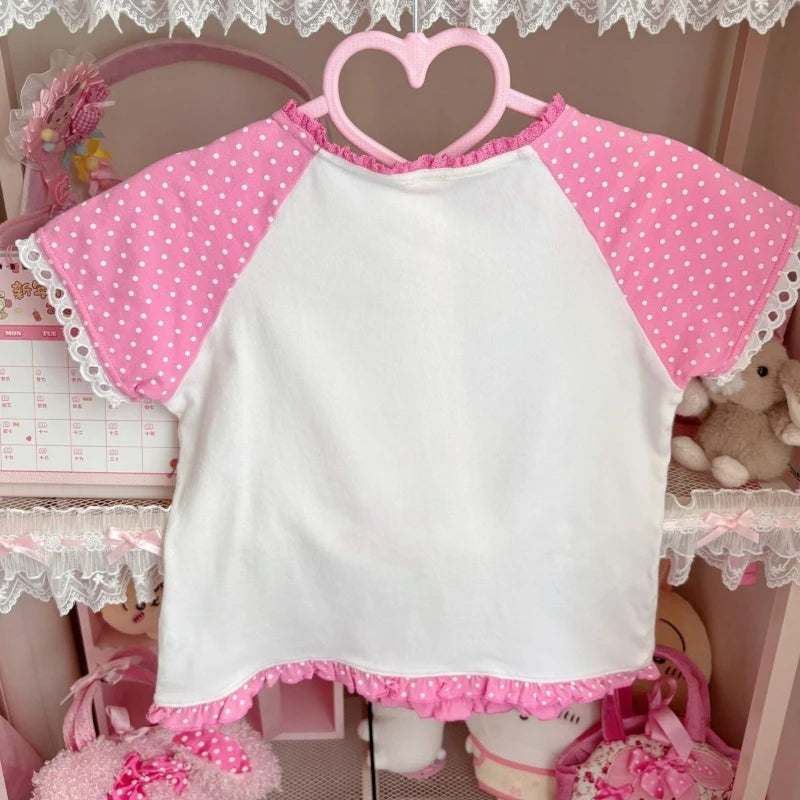 Cute DDLG and ABDL crop top in pastel pink featuring bear, bunny, and sweet cherry cake designs