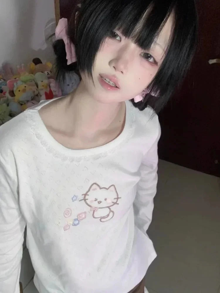 Yellow baby long sleeve tee with embroidered winking kitten and lace trim for kawaii DDLG ABDL outfits