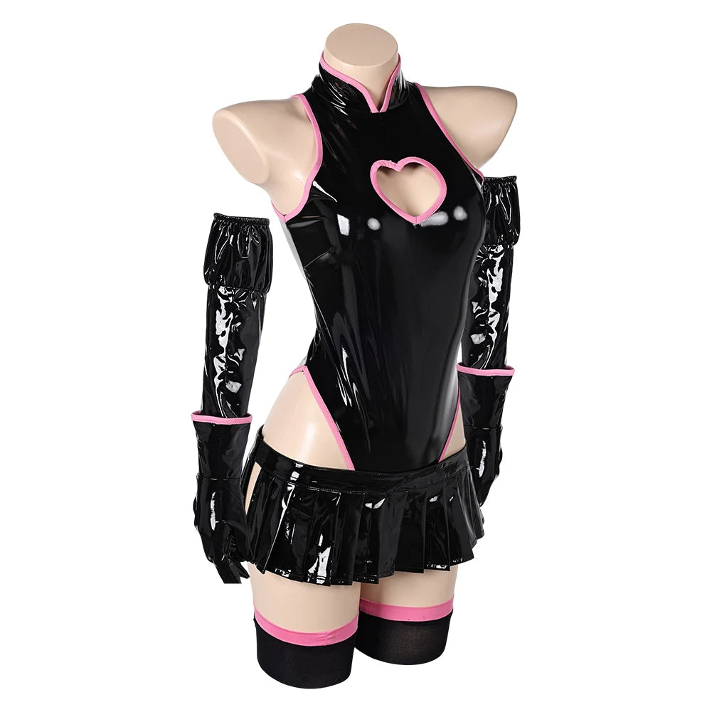 High-shine latex set in black with bodysuit, gloves, skirt, and sleeves for DDLG or cosplay outfits