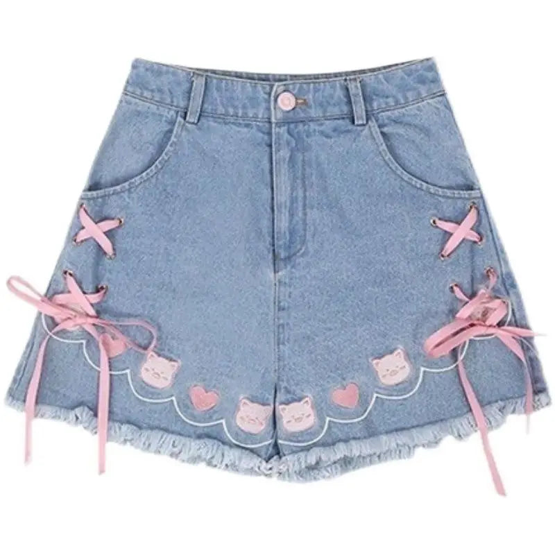 Drip Paws denim shorts available XS to XL with lace and paw embroidery for kawaii DDLG ABDL vibes