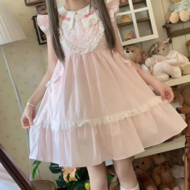 Sweet kawaii Pure Angel Love Bear Dress featuring pastel plaid and angel bear embroidery for ABDL fashion