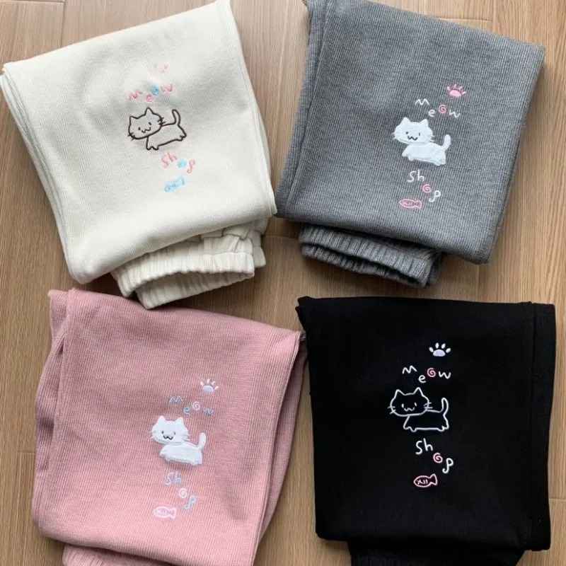 Cozy sweatpants set in apricot, gray, and black with kawaii cat prints for DDLG ABDL kawaii vibes