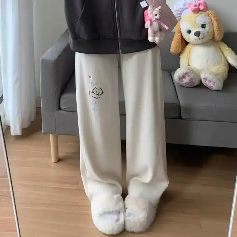Apricot Purrfect Cozy wide leg sweatpants featuring kawaii cat design for DDLG ABDL fashion