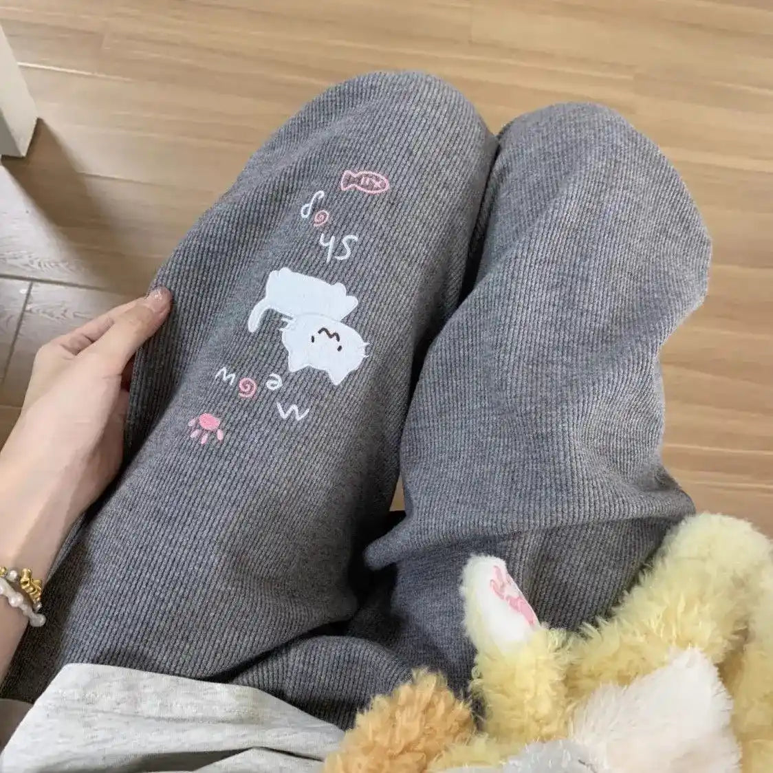 Casual gray wide leg sweatpants with kawaii cat design for comfy DDLG ABDL loungewear