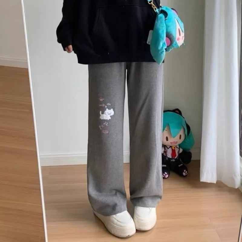 Gray wide leg cozy sweatpants with cute cat print, perfect for DDLG ABDL kawaii comfort