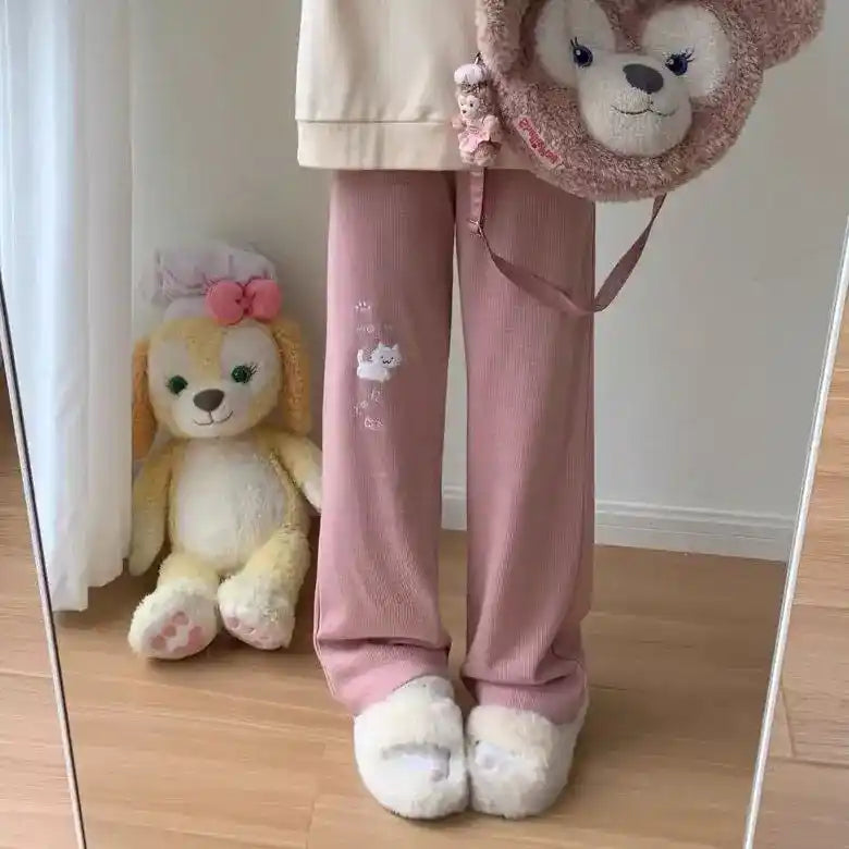 Pink wide leg cozy sweatpants with kawaii cat design, perfect for DDLG ABDL soft style