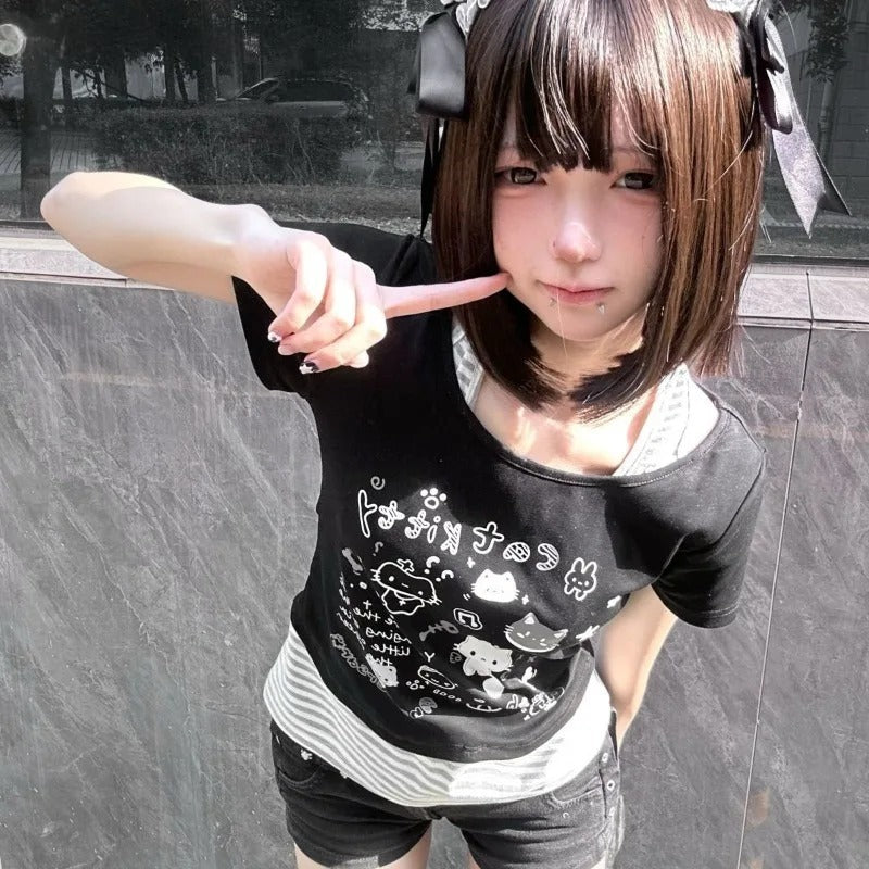 Cute ddlg abdl Y2K kitty art layered tee in pastel colors for little space and babydoll style