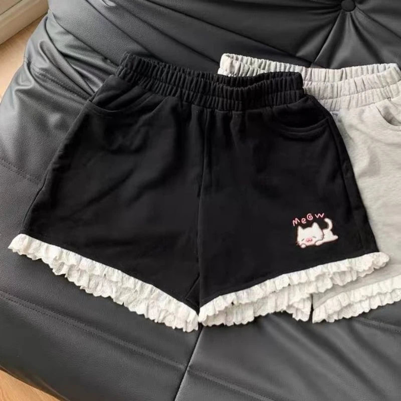 Kawaii black and gray lounge shorts with kitten details and soft ruffle trim for ABDL softcore outfits