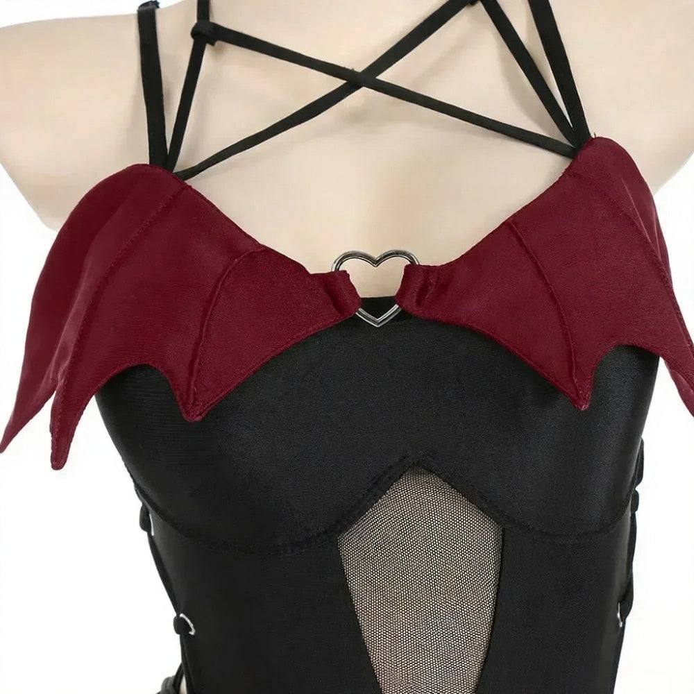 Dark red gothic DDLG bodysuit with bat wings, side lacing, and heart metal detail
