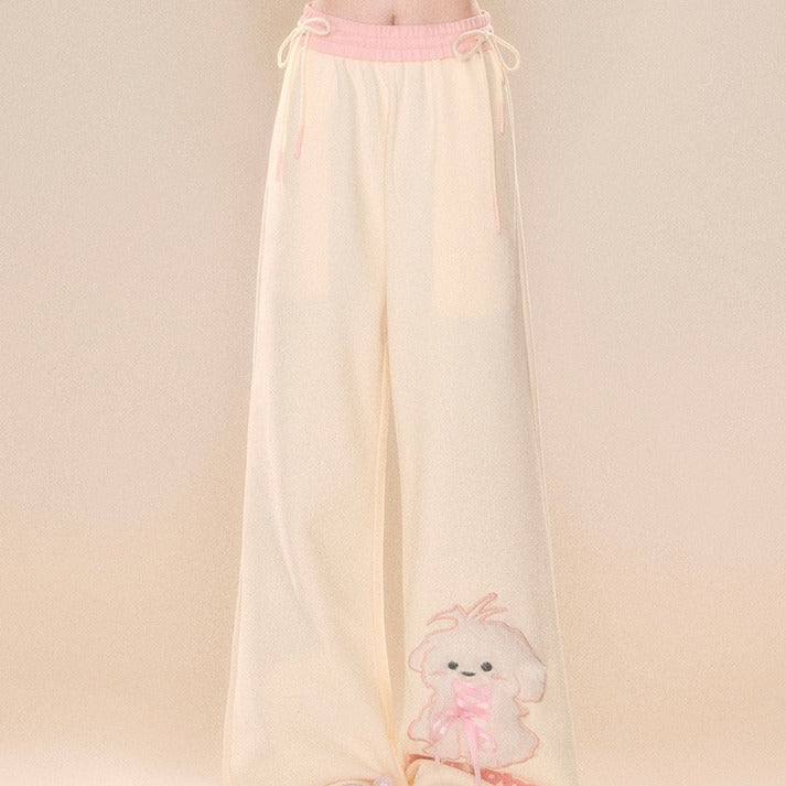 Cozy pastel puppy lace wide-leg pants, ideal for kawaii fashion, babycore, DDLG, and ABDL aesthetic outfits.