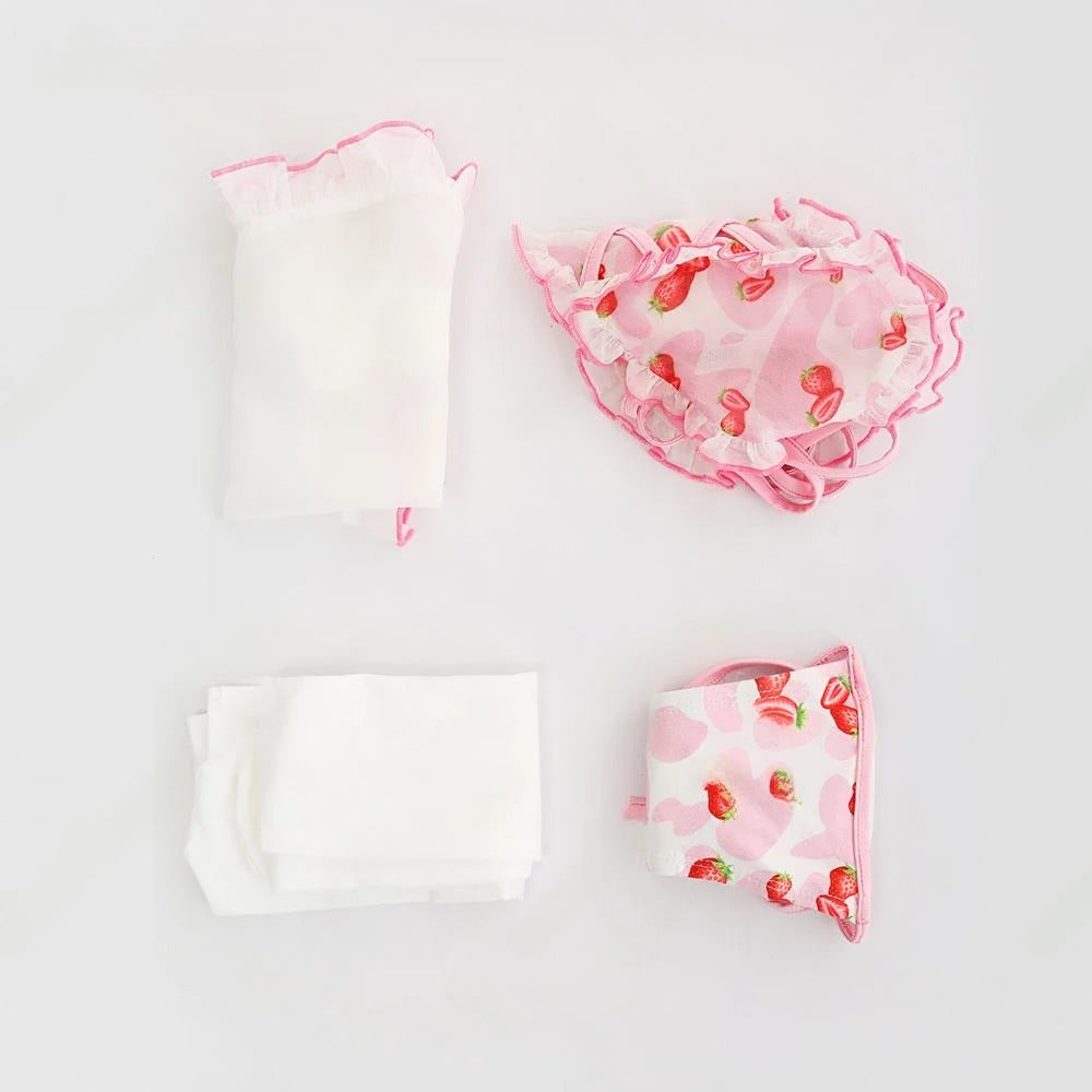 DDLG ABDL Strawberry Milkshake Maid Cosplay cute heart cutout top, playful apron, thong, and stockings for kawaii roleplay