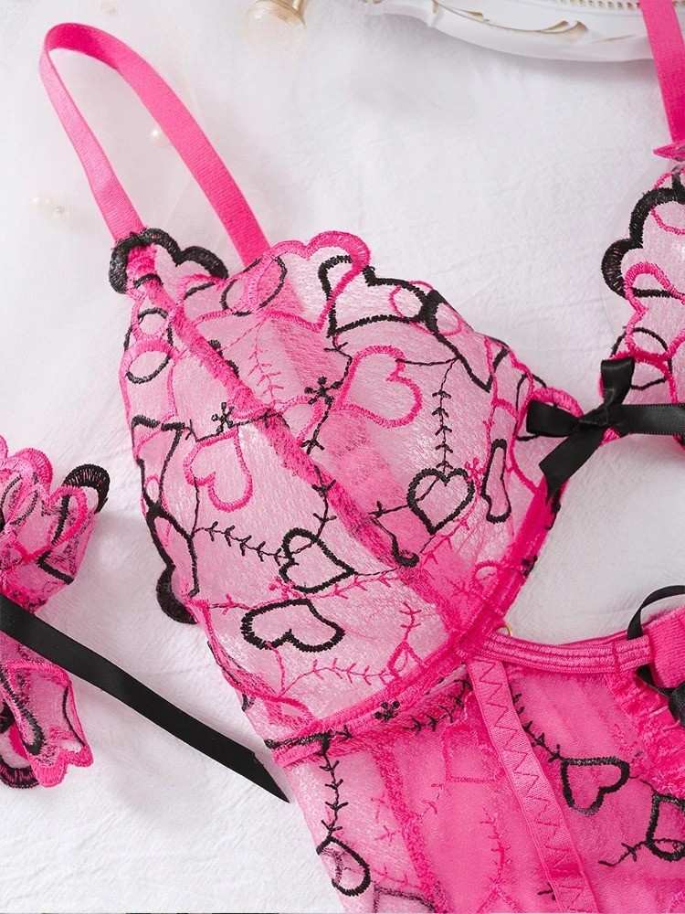 Dark romance inspired ddlg lingerie set with heart lace corset, thong, and sultry mesh gloves