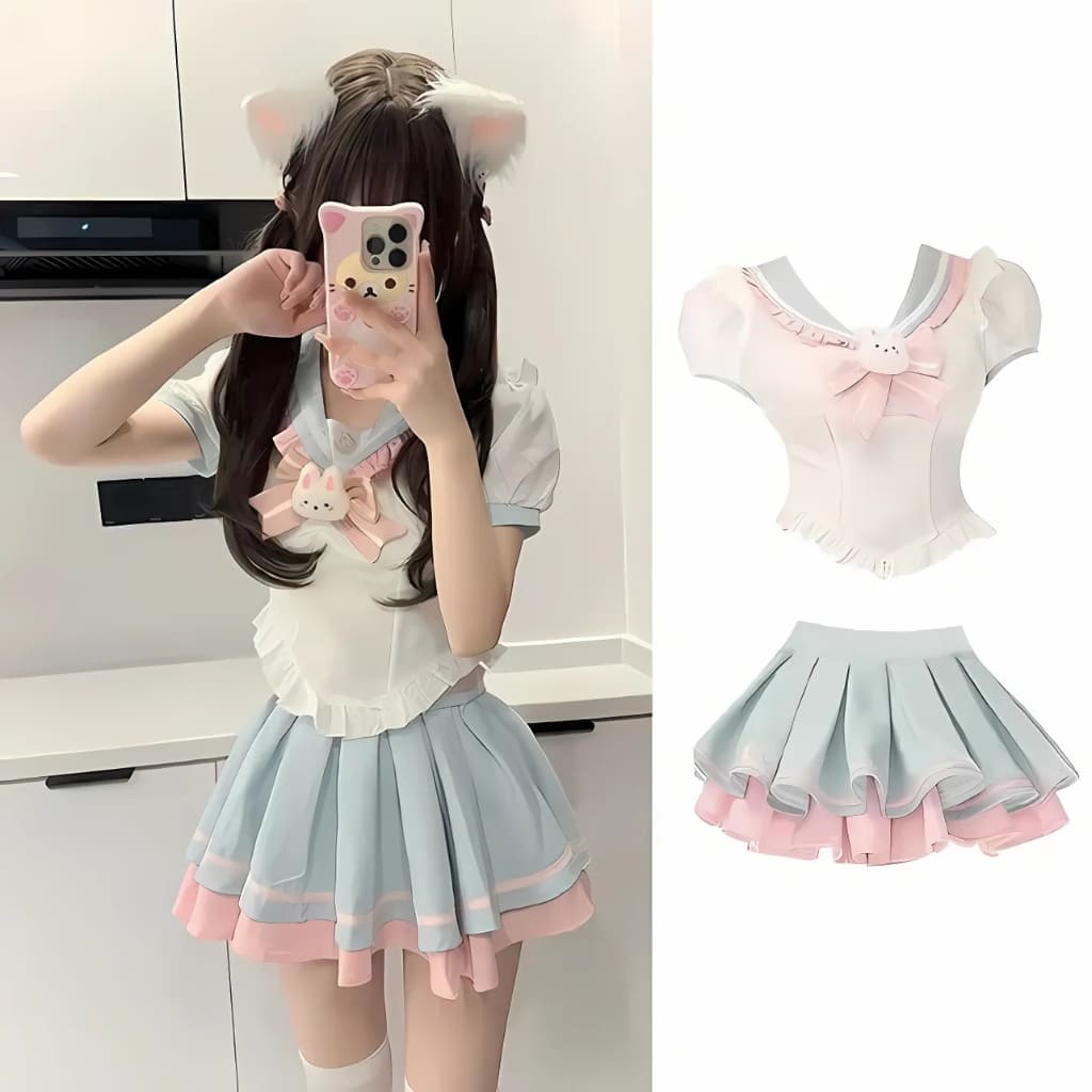Kawaii bunny schoolgirl uniform with blush tones, bow tie, and flared mini skirt for adorable cosplay looks