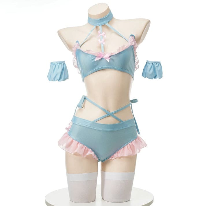 One-size pink schoolgirl set with soft ruffles and a pleated skirt, designed for comfort and confidence