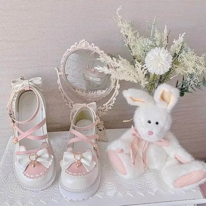 Kitty Chime Heart Strap Flats with jingle cat bells and sweet bows, perfect for kawaii and cutecore fashion