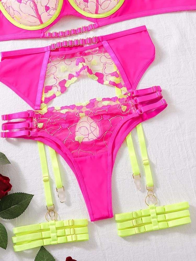 DDLG bratty neon lingerie set with glowing pink and green hearts, kawaii lingerie for baddie girls.