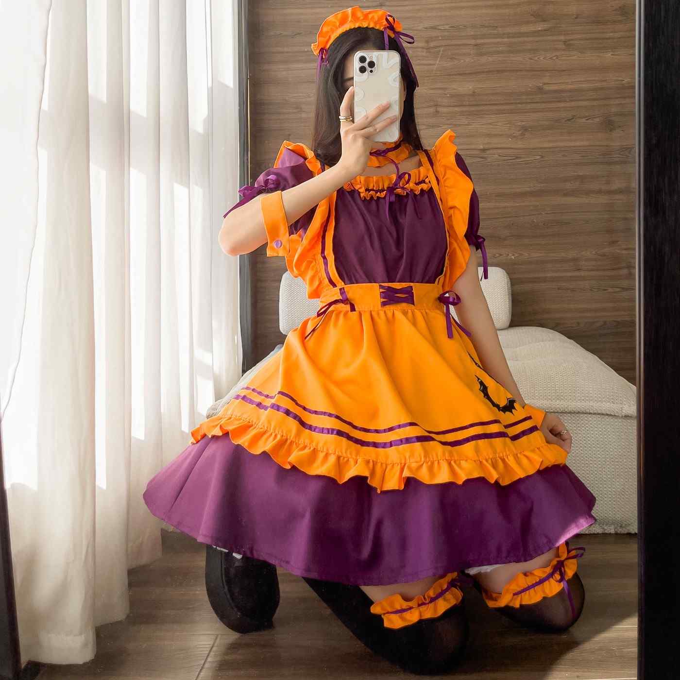 Cute pumpkin spice Halloween dress set with apron, sleeves, and kawaii headwear for ABDL DDLG autumn fantasy