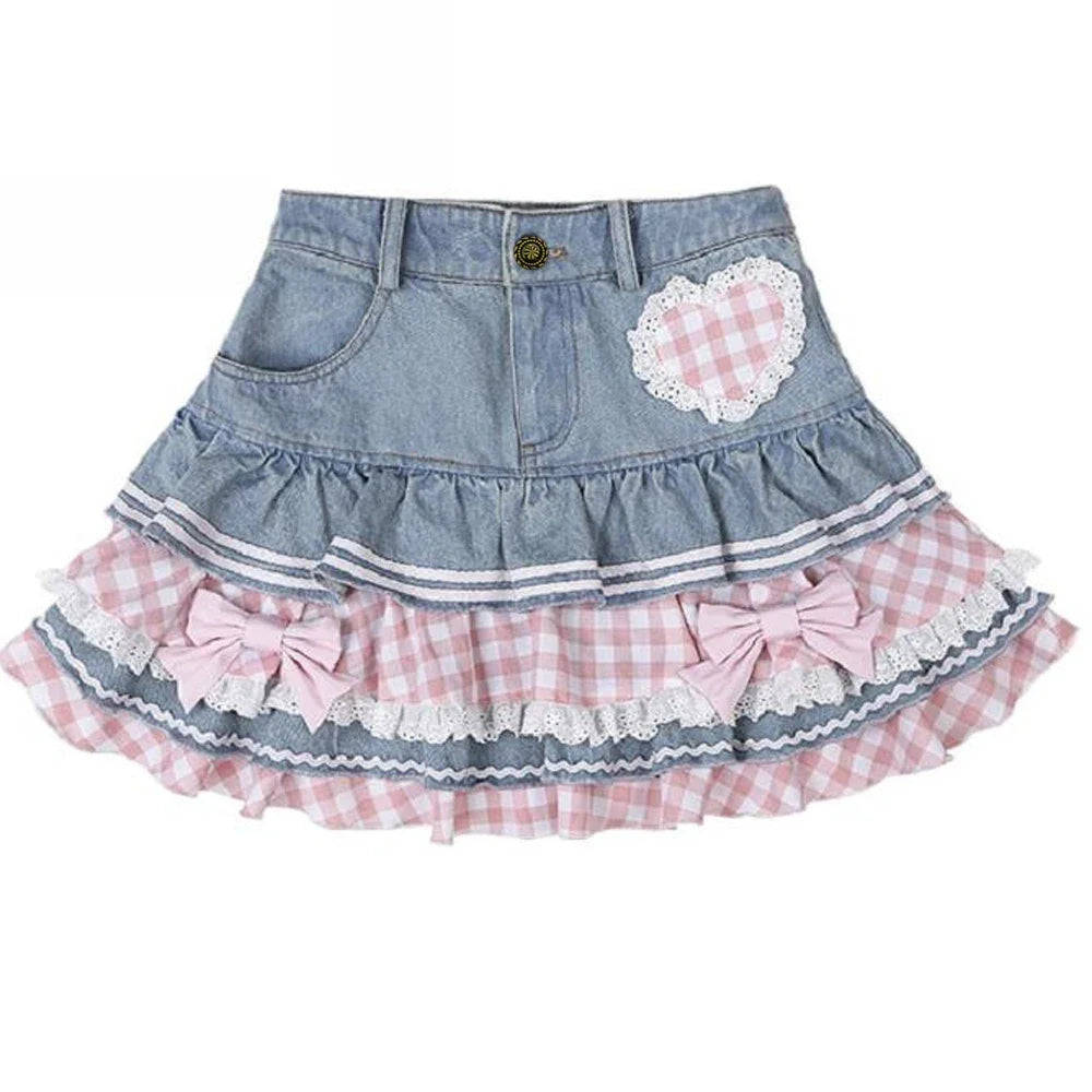 Denim blue preppy dollcore skirt with kawaii pleats, perfect for ddlg, abdl, and soft girl babygirl vibes.
