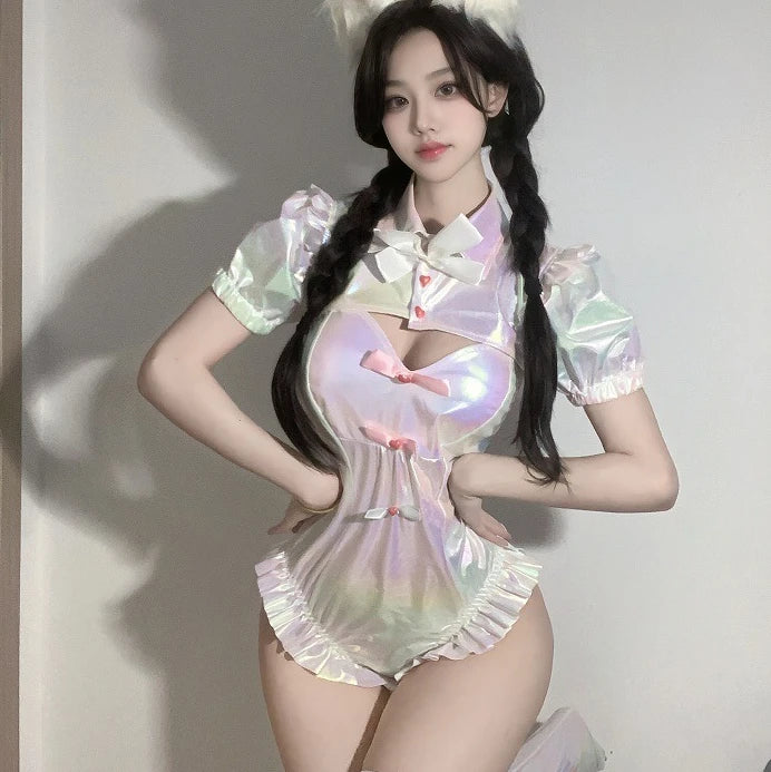 Stretchy soft fabric and holographic shine on Divine Maid Cosplay Set, comfy and flattering for cosplay and DDLG play.