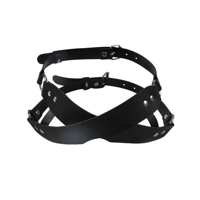 Full look of Double Black Strap Blindfold styled in dark fetish set, dominance vibes