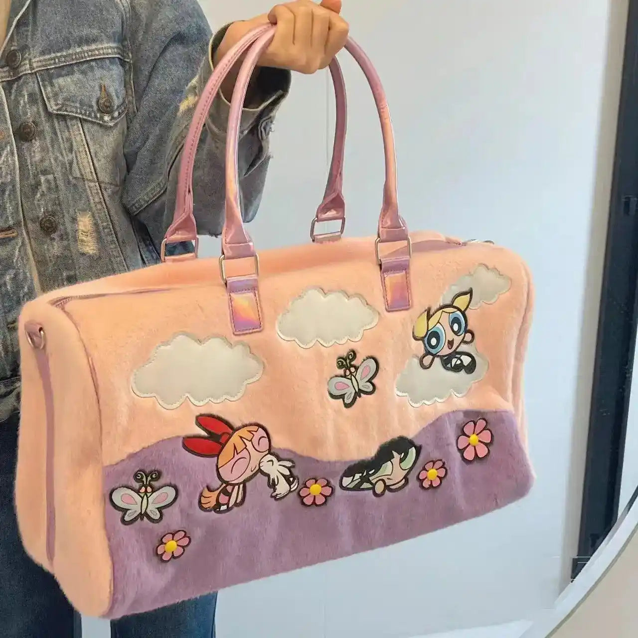 Dream Team Girlcore plush bag in pink with holographic handles, perfect for kawaii DDLG and ABDL soft girl fashion