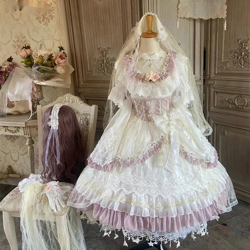 Dreamy Lolita-inspired doll dress with full vintage lace accessory set
