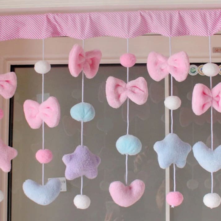 Dreamy pastel curtain with soft textures and floating mini balls for windows or bed canopies