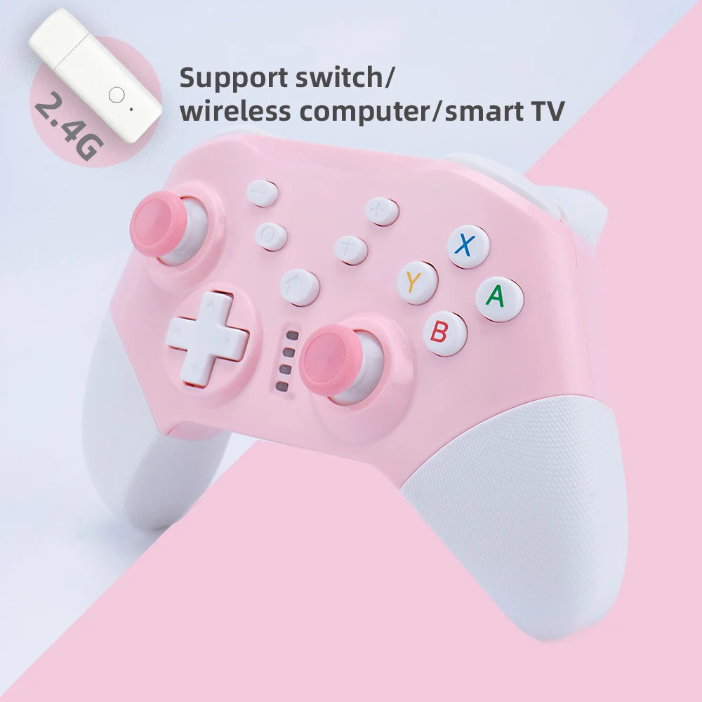 Dual motor pink game controller compatible with Nintendo Switch, PC, and Android for precise rumble and style