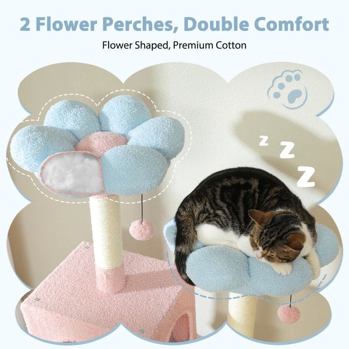 Durable multi-cat pastel tower with soft condos, hammock, and scratching posts for happy cats.