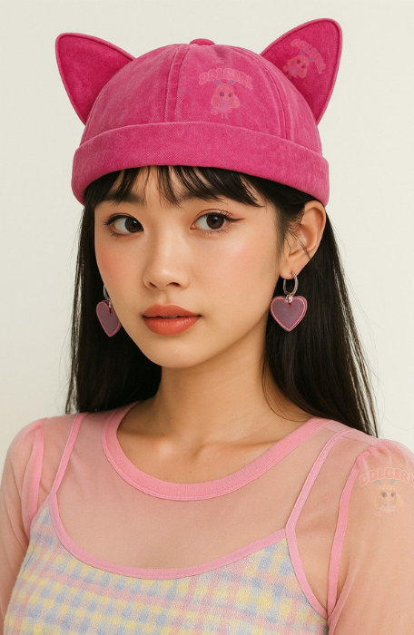 Model wearing Ears Up Cutie Hat with hot pink kawaii outfit, playful DDLG ABDL cutecore style