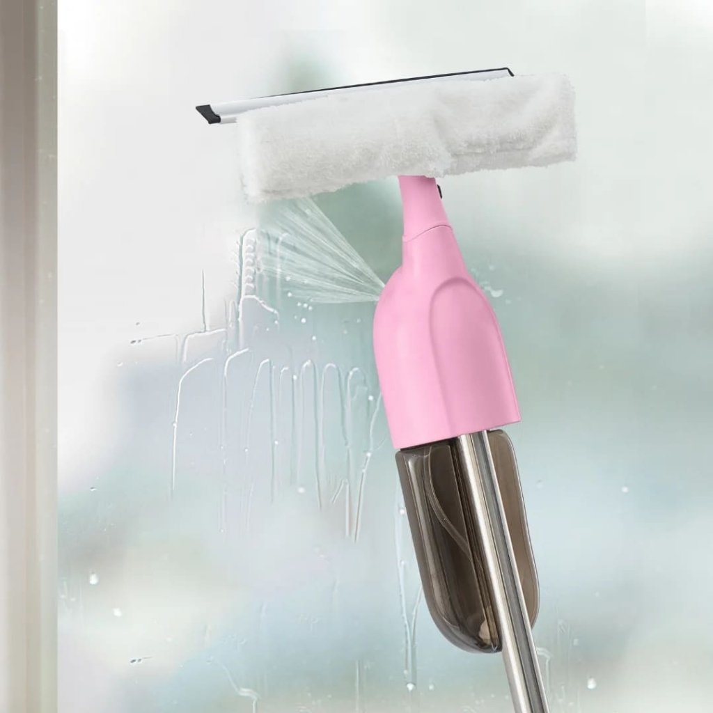 Eco-friendly pink spray mop set with washable, reusable cleaning pads for everyday messes