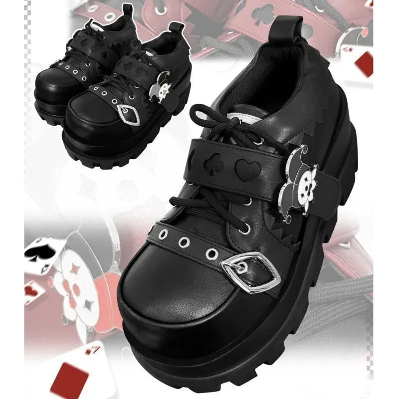 Edgy kawaii platform heels inspired by joker cards and statement punk fashion