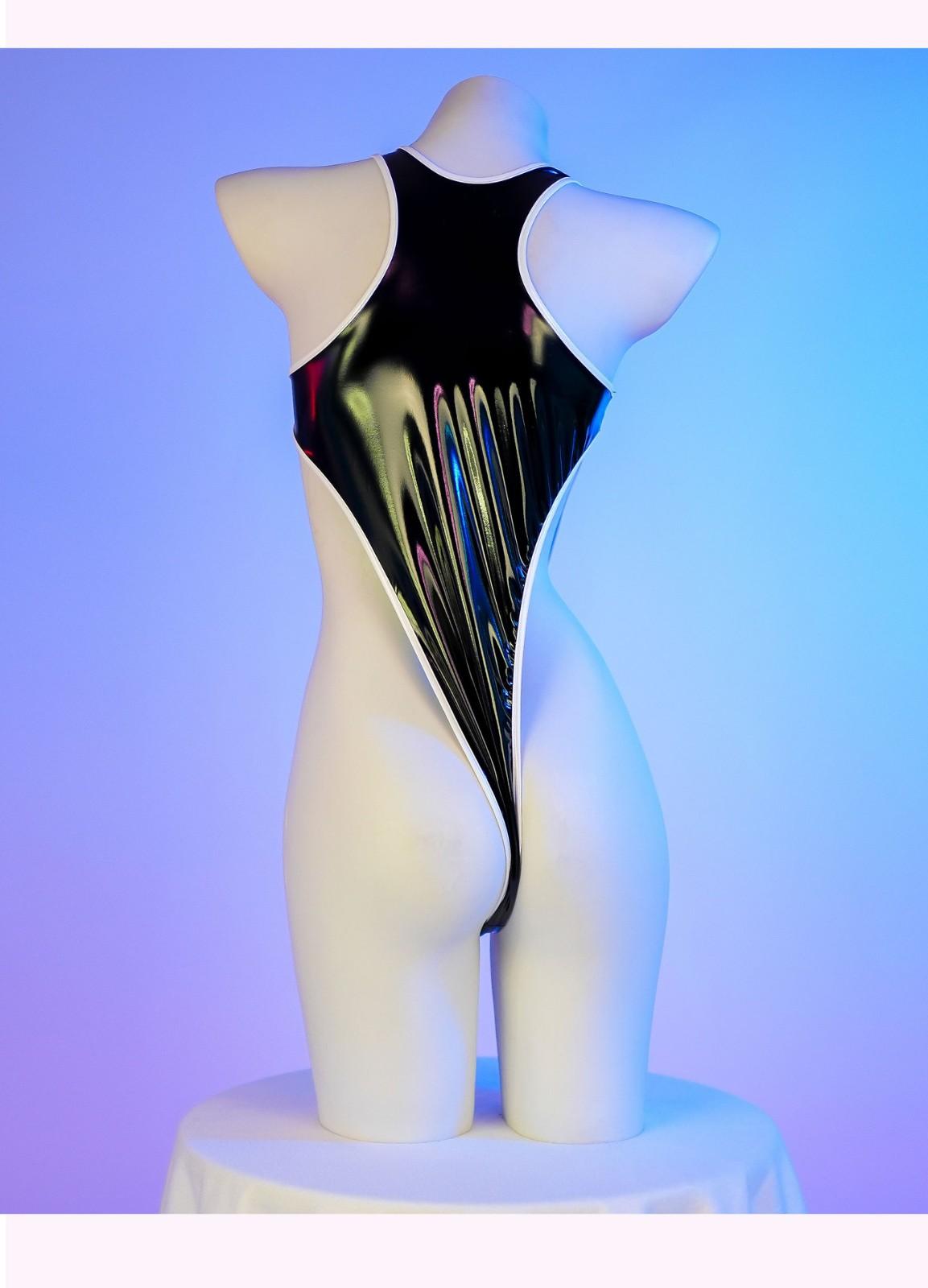 Black micro buckle bodysuit back view, edgy ddlg abdl alt fashion