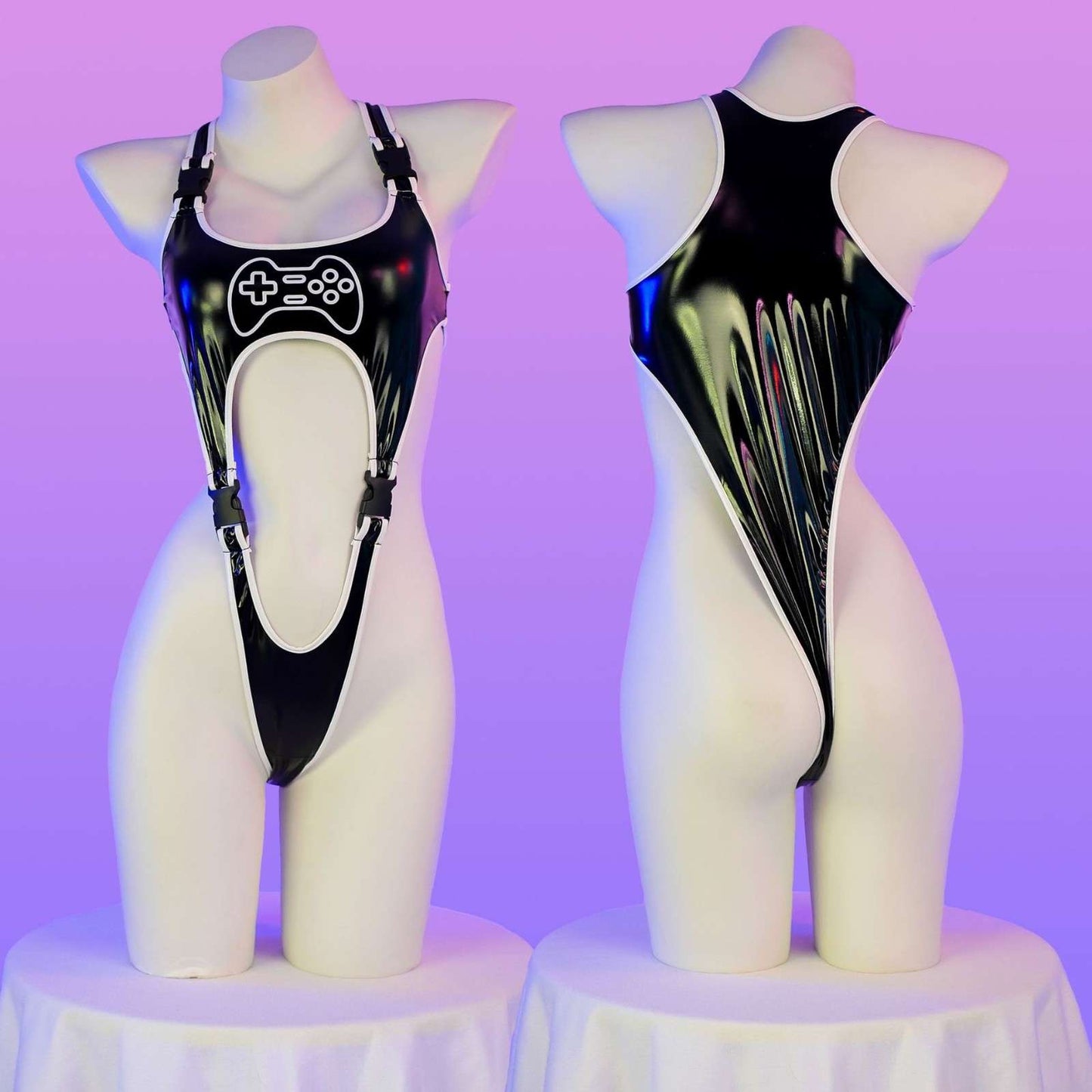 Black egirl micro buckle bodysuit front and back view, sexy ddlg abdl cutecore style