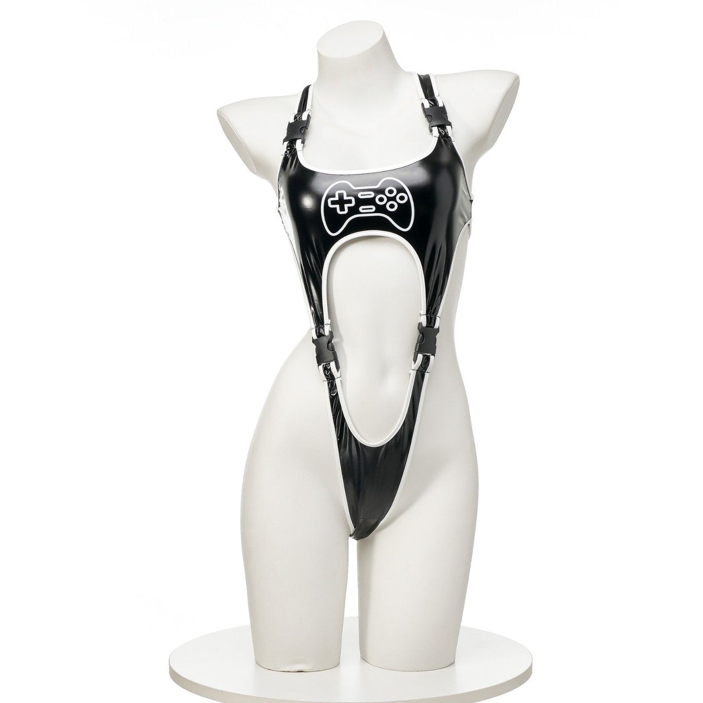 Black micro buckle bodysuit front view, ddlg abdl altcore egirl vibes