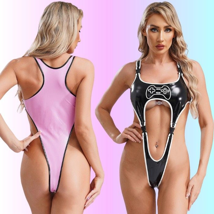Egirl Micro Buckle Bodysuit set in black and pink, edgy buckle straps with cutouts for bold cosplay, kawaii egirl ddlg fashion, and alt baddie vibes