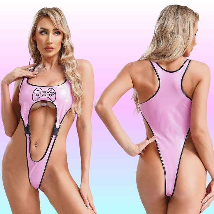 Egirl Micro Buckle Bodysuit in pink, bold buckle straps with playful cutouts, perfect for kawaii ddlg egirl cosplay and TikTok vibes
