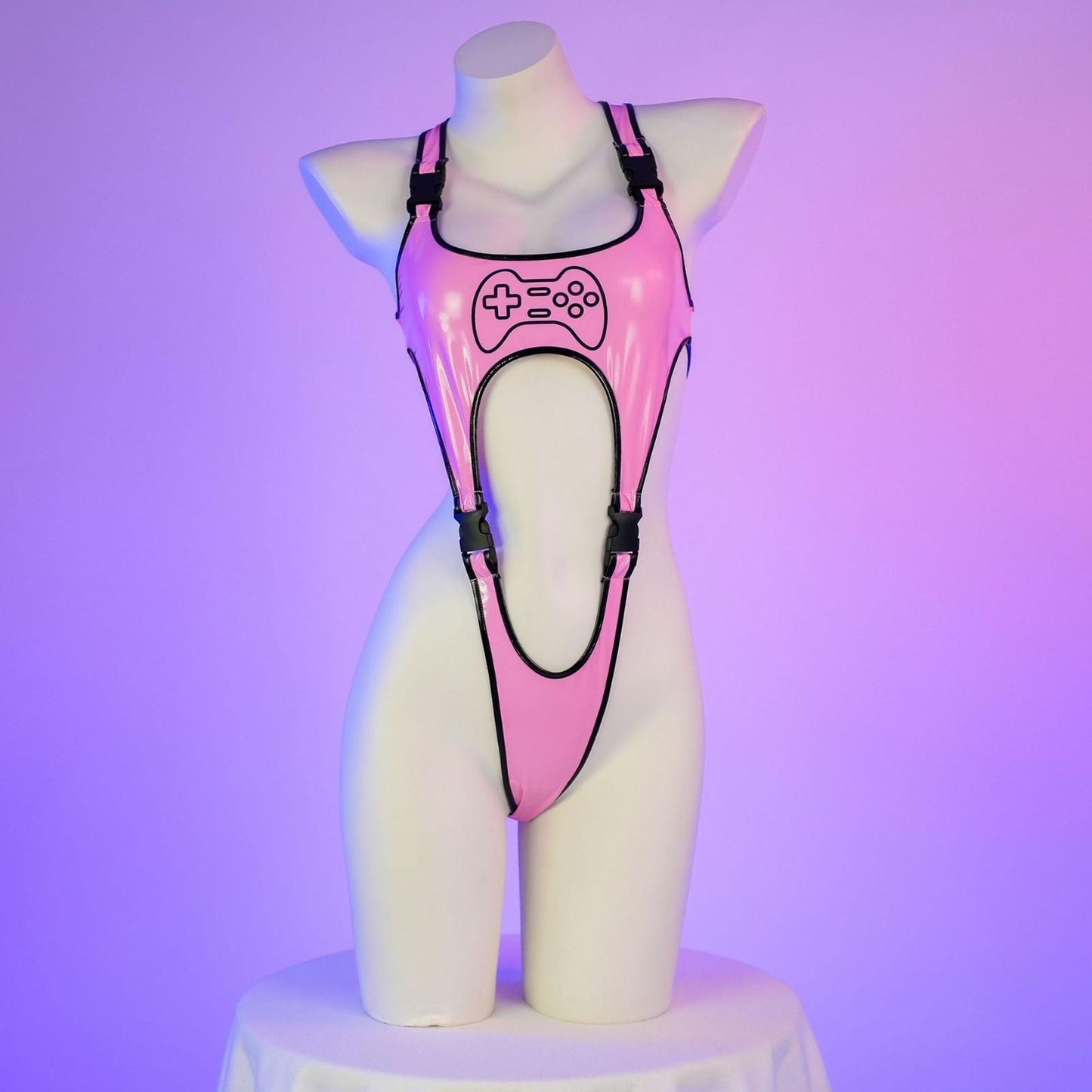 Pink micro buckle bodysuit front view, kawaii ddlg abdl egirl aesthetic