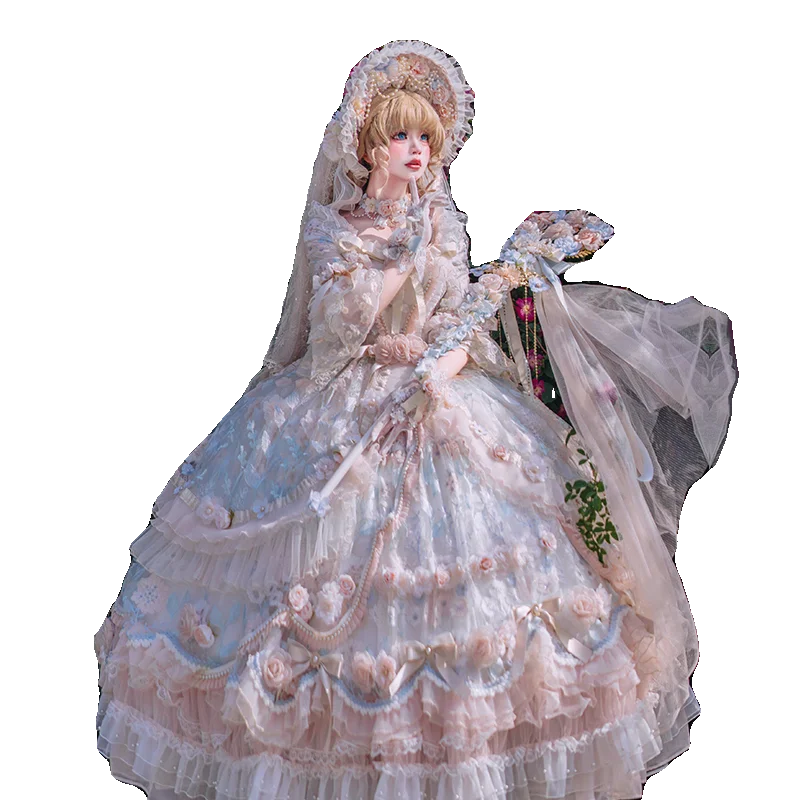 Elegant DDLG tea dress with layered ruffles, lace detail, and flowy skirt for whimsical kawaii fantasies