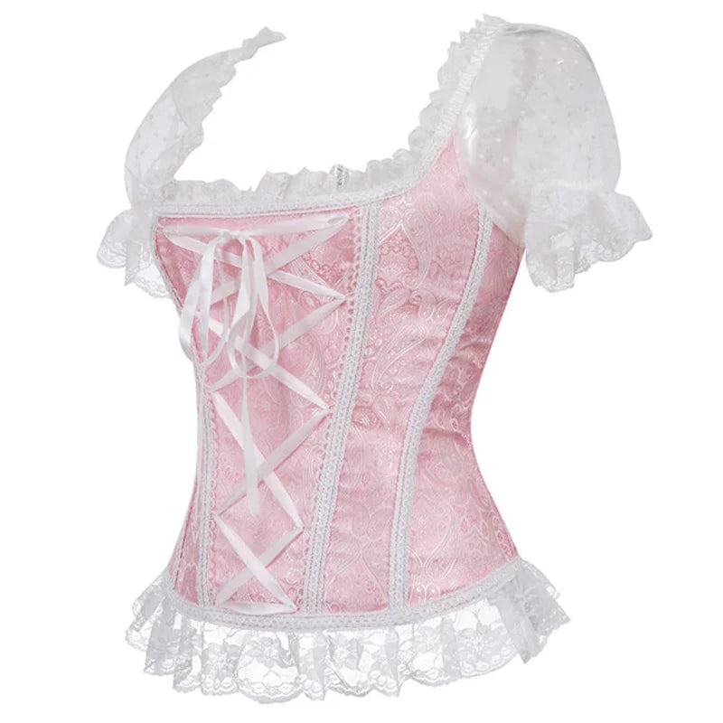 Elegant petal pink lace corset top with puff sleeves for a soft feminine look