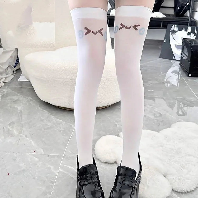 Cutecore kawaii stockings with emoji-inspired face prints perfect for cosplay, DDLG, and ABDL vibes.