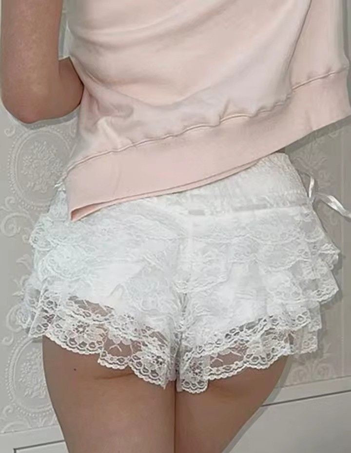 Ethereal Rose Ruffle Shorts with playful frills and bow tie, comfortable for lounging, DDLG, and ABDL little moments.