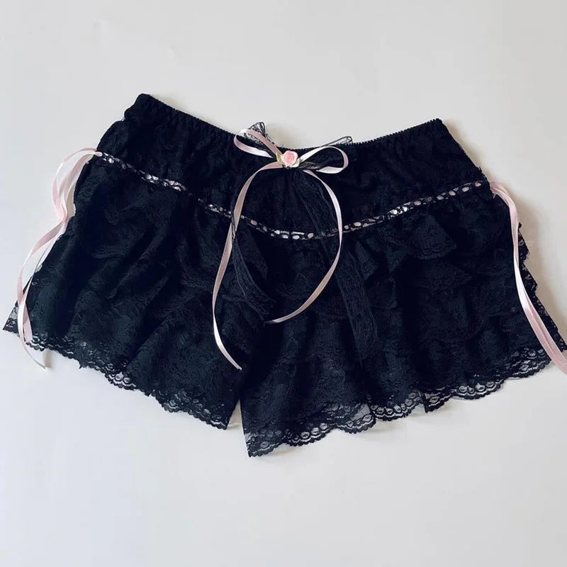 Ethereal Rose Ruffle Shorts in black featuring flirty thin bow and soft breathable fabric, ideal kawaii DDLG and ABDL outfit
