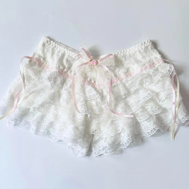 Ethereal Rose Ruffle Shorts in white with dreamy ruffles and delicate rose detail, perfect kawaii DDLG and ABDL loungewear