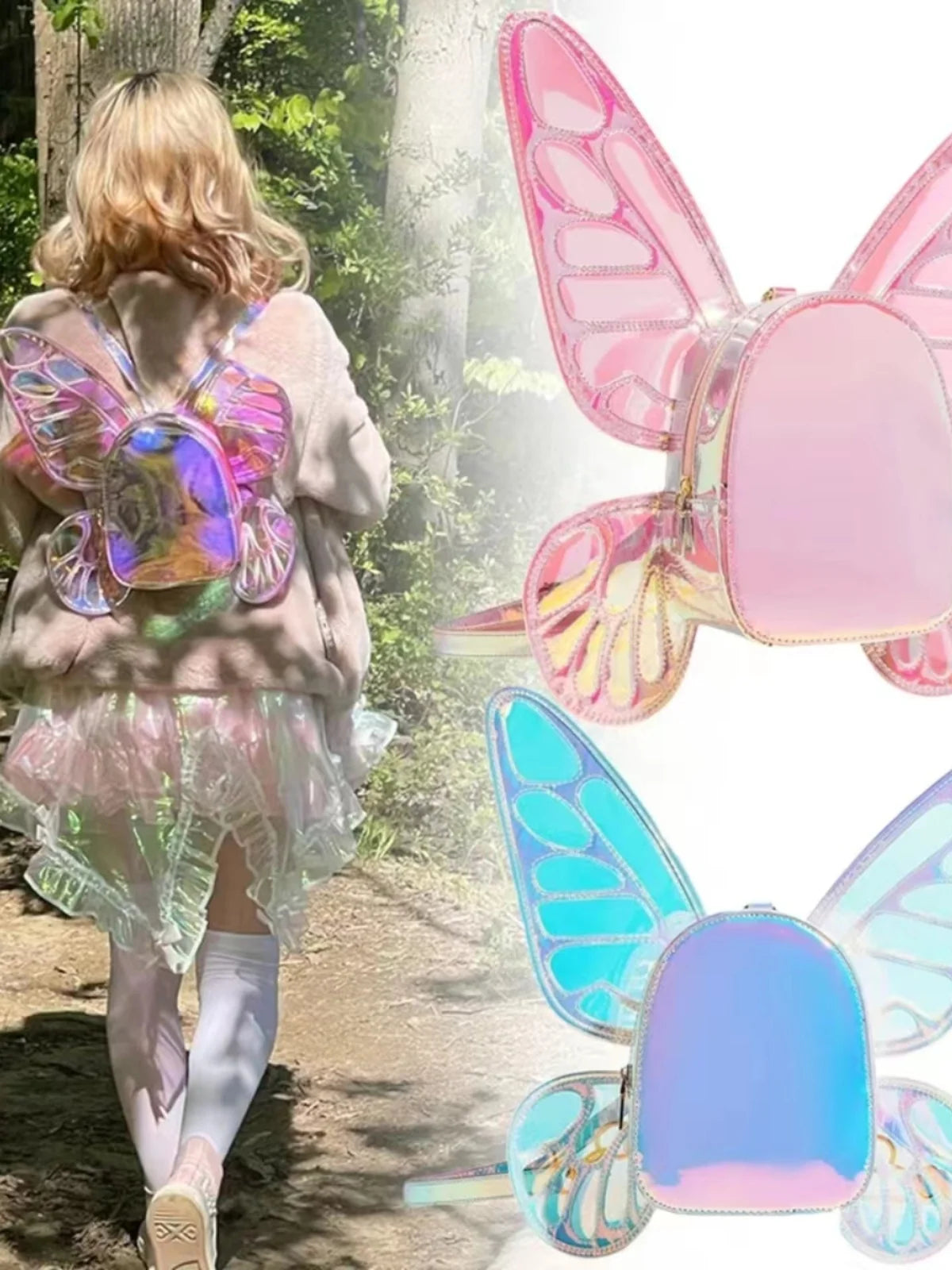 Euphoric Chrome Butterfly Backpack worn by model in pastel pink, kawaii princess vibe with ABDL cutecore style