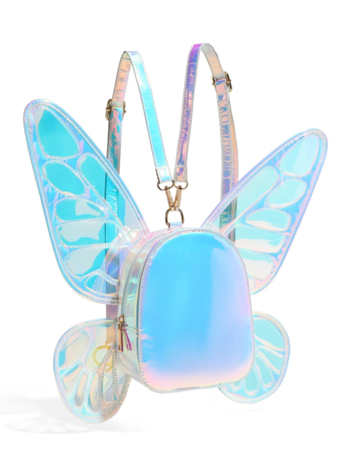 Euphoric Chrome Butterfly Backpack in sky blue with subtle butterfly wings, kawaii DDLG aesthetic, and futuristic sparkle